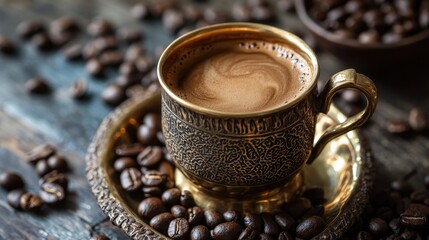 Close-up of Turkish coffee in a brass cup, accompanied by coffee beans, showcasing the heritage and deep flavors of this ancient brew