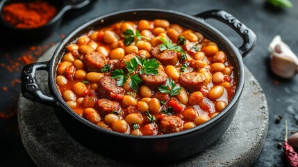 Wall Mural - hearty beans stew with sausages, herbs and spices in tomato sauce in a metal casserole on a concrete table, fasolka po bretonsku, polish cuisine, view