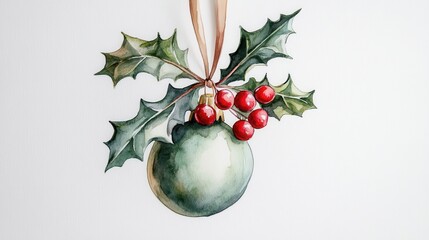 Aufkleber - A delicate watercolor ornament hanging with holly and red berries for a festive holiday decoration display