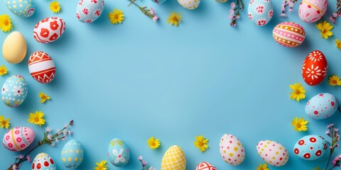 Wall Mural -  easter egg frame on blue background 