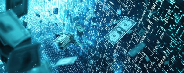 Poster - Futuristic digital illustration depicting flowing currency amidst binary code in a blue cyber world