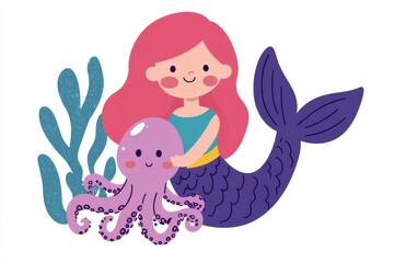 An isolated hand drawn cartoon mermaid and octopus on a white background with a siren theme featuring the sea.