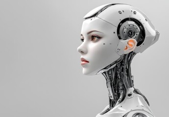 Poster - Face of a cyborg woman on a gray background. Character rendering. A cyberpunk girl warrior. A human robot with advanced technology in her hands.