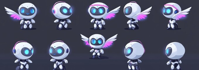 Poster - An evolution robot mascot cartoon illustration with a sad, happy, and frightened computer design set. Stock image of an android mascot in a futuristic setting.