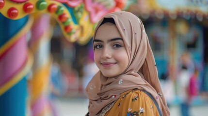 Poster - A young woman wearing a brown scarf stands in front of a colorful carousel
