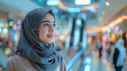 Poster - A woman wearing a grey scarf stands in a mall