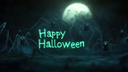 A dark Halloween banner features glowing green Happy Halloween text as shadows of spiders crawl in front of a glowing full moon