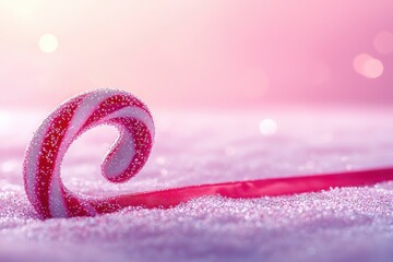 Festive red ribbon on snowy background, holiday decoration concept