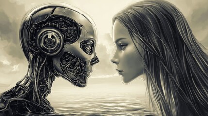 Poster - Stock vs human in the future with white background and copyspace