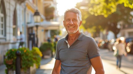 Poster - A man is smiling and standing on a sidewalk in front of a building
