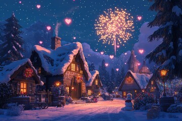 Festive winter night town with colorful fireworks and glowing houses