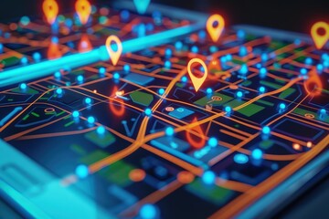 Poster - A vibrant digital map on a smartphone, showcasing location markers and connectivity in a modern urban environment.