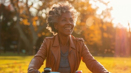 Poster - A woman with gray hair is smiling and riding a bike in a park