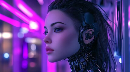 Poster - Character with cyborg face and generative AI. Cyborg woman with technology background.