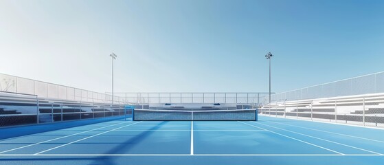 a vibrant tennis court under clear blue skies, featuring a net and empty stands ready for an excitin