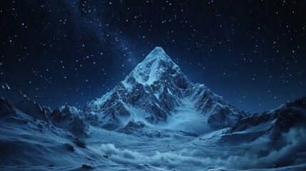 Wall Mural - Snowy mountain peak under a clear night sky, with stars twinkling above and the mountain bathed in soft, cold moonlight. 4K hyperrealistic photo.