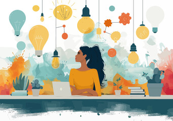 Wall Mural - Female Leader Brainstorming New Business Project in Creative Workspace with Light Bulbs and Colorful Background Illustration