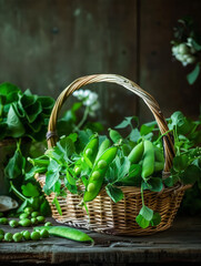 A wicker basket filled with fresh green pea pods and lush pea plant foliage, set against a rustic backdrop.