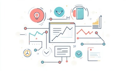 Leinwandbilder - Stylized infographic illustrating data analysis, charts, and various icons representing technology and business concepts