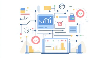 Fototapete - Digital analytics dashboard showcasing data trends with colorful graphs and icons connected by abstract lines