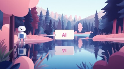 Poster - Photo generated by AI - A modern illustration of a robot character pointing at a landscape image and creating a photo