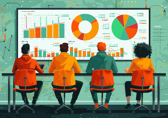 Poster - Business Team Reviewing Data Analysis Dashboard in Meeting; Collaborative Strategy Session with Graphs and Charts, Minimalistic Illustration, Office Environment, Evening Brainstorming Session