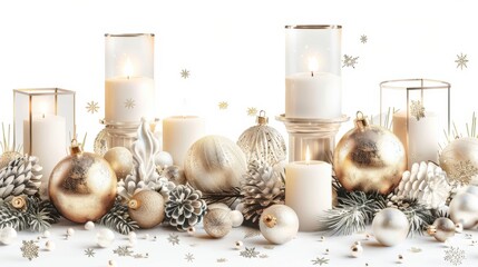 Aufkleber - A white background with a table full of Christmas decorations including candles