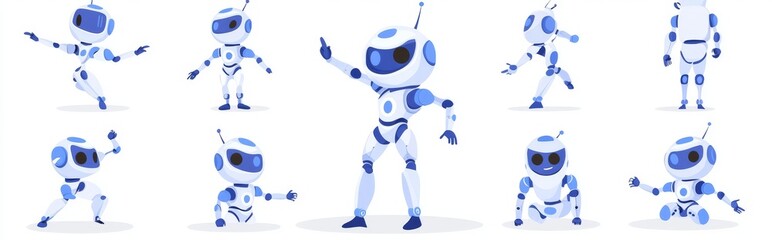 Poster - Cute cartoon bot, mechanical robot with expression, mascot of an enterprise with multiple emotions, cute android. Modern isolated set. Innovative character in various positions, smart creature.