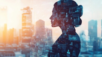Aufkleber - A woman's silhouette against a city skyline is overlaid with digital data, symbolizing the fusion of technology and urban life in the evening