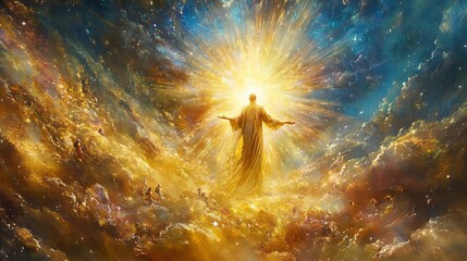 Poster - A radiant figure stands amidst vibrant clouds, embodying divine light in a celestial atmosphere during a serene moment of inspiration