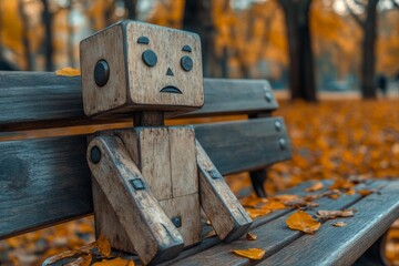 Poster - A lonely sad robot sits on a bench in a park against the background of nature, created using generative art