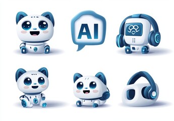 Poster - A modern customer app laptop illustration using stock and 3D artificial icons. Cyborg, headphones, speech bubbles, and GPT customer service text.