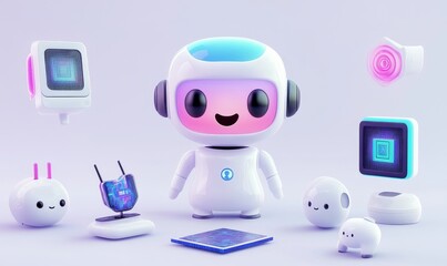 Poster - Modern Illustration of AI Robots and Digital Brains on a Blue Background. AI robot bot technology. 3D modern illustration artificial icon.