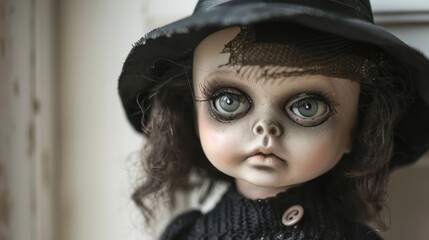 Poster - A doll with a black hat and a creepy face