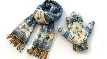Poster - A blue and white scarf and a white glove are shown on a white background