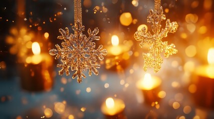 Wall Mural - Golden snowflakes delicately hanging from a window, with each flake shimmering in the warm light of nearby golden candles. 4K hyperrealistic photo.