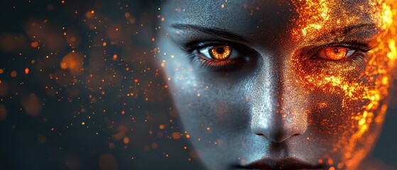 Wall Mural - Futuristic Woman with Fiery Eyes and Sparkling Particles on Face in Dark Background