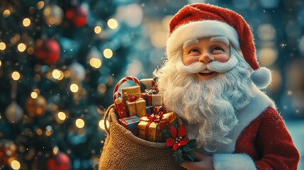 Wall Mural - Santa Claus figurine standing next to a Christmas tree, with a sack full of presents and a cheerful, jolly expression. 4K hyperrealistic photo.