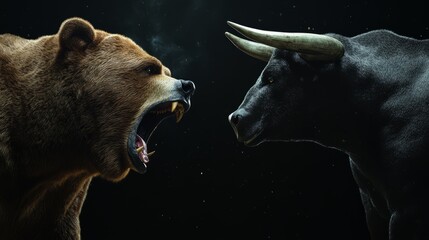 furious huge bear and angry horned bull preparing for fight on the black background. bull and bear s