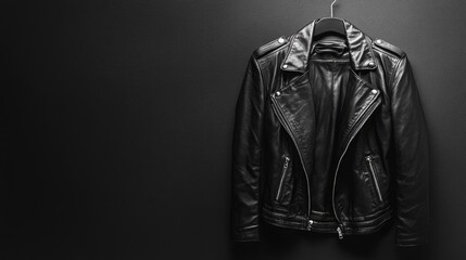 A stylish black leather jacket hanging on a black wall, representing edgy fashion and confidence.