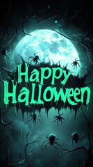 A dark Halloween banner displays glowing green Happy Halloween text with shadowy spider silhouettes against a full moon backdrop