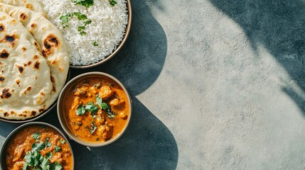 Flatlay of Indian food with naan, rice, and two bowls of curry.