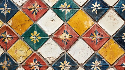 Poster - Colorful vintage tiles in a traditional pattern showcasing intricate designs and textures from a historic building's wall