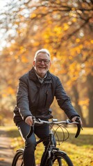 Poster - A man is smiling and riding a bicycle in a park