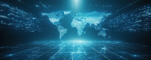 Poster - Digital world map with blue and white color scheme illustrating global connectivity and technology