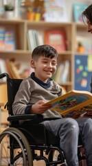 Poster - A boy in a wheelchair is reading a book