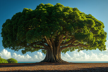 Canvas Print - a Single large green Banyan tree with thick leaves, taller than the surrounding trees