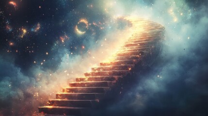 Poster - A mystical staircase emerges from the clouds, leading to a galaxy of stars on a serene night