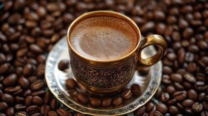 Brass cup of Turkish coffee surrounded by coffee beans, representing the authentic and ceremonial art of Turkish brewing