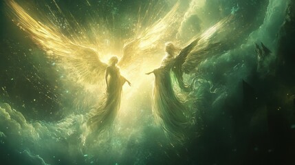 Poster - Angelic figures surrounded by ethereal light amidst swirling clouds and cosmic elements during a celestial event